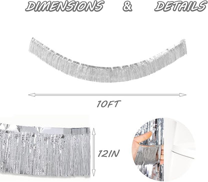 Silver Foil Fringe Garland 10FT 6packs, Metallic Foil Tinsel Fringe Banners for Parade Float Decorations Wedding, Birthday Party Graduation (six Silver)