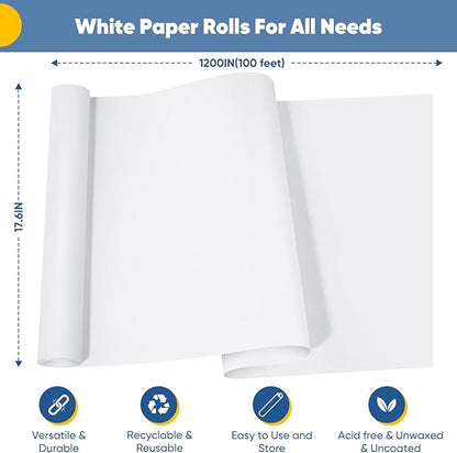 Drawing Paper Roll for Kids Art Supplies, 17.6"x1200" (100') Easel Craft Decorative Paper, White Eid Gift Wrapping Paper, Solid Color Poster Kraft Paper, Perfect for Valentine's Day, Wedding, Birthday