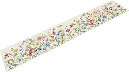 Watercolor Floral Table Runner, Colorful Spring Summer Nature Flower Dragonfly Pattern Print Table Runner for Kitchen Dinning Table Runner Decor Home Wedding Party Holiday, 13x120 Inch