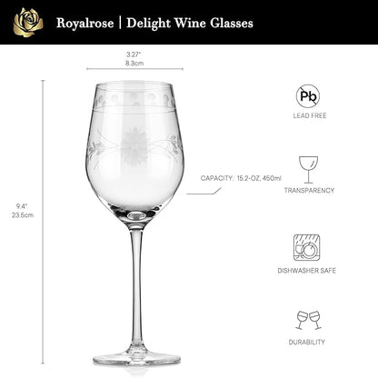 Premium Delight Wine Glasses Set of 4,15 oz – Hand-Blown with Etched Long Stem, Classic Glassware for Weddings, Dinners, and Holiday Gifting (Red Wine Glass)