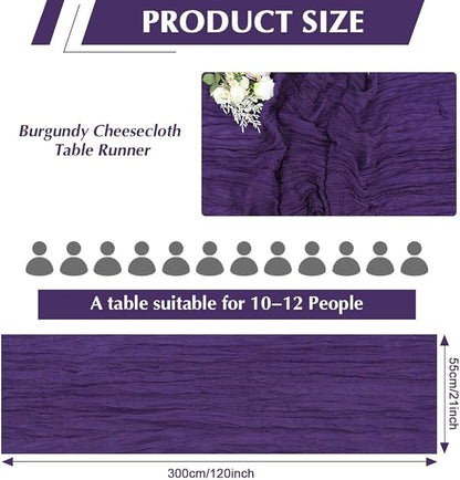 10 Pack Purple Cheesecloth Table Runner -21*120Inch Long Boho Wedding Table Decor, Rustic Gauze Fabric Runner for Bridal Showers, Baby Showers & Parties (Sheer, Lightweight, Wrinkled Design)