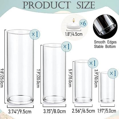 Set of 4 Pcs Glass Cylinder Vases for Centerpieces with 6 Pcs White Floating Candles for Centerpieces Glass Candle Holder for Table Shelf Wedding Party Home Decor (S+M+L+XL)