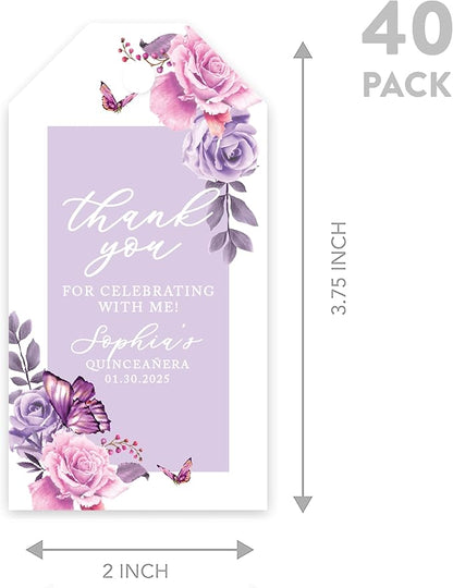Andaz Press 40-Pack Personalized Quinceañera Favor Tags with String, Lilac Butterflies Custom Classic Thank You Gift Tags for Quince Años XV 15th Birthday Favor Gifts Quinceanera Decorations