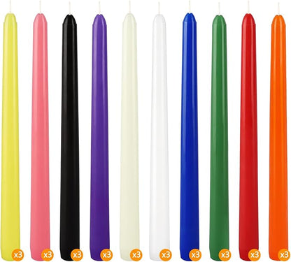 30-Pack 10-Color Taper Candles - 10 Inch Dripless & 10-Hour Burn｜Wedding/Birthday/Home Decor with Premium Wax