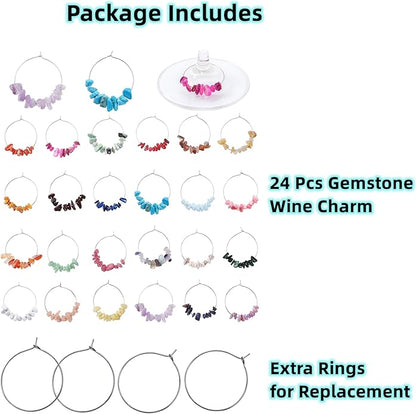 Pride & Par 24 Pcs Nature Gemstone Beads Glass Charms for Stem Glasses, Wine Glass Decoration for Weddings, Parties