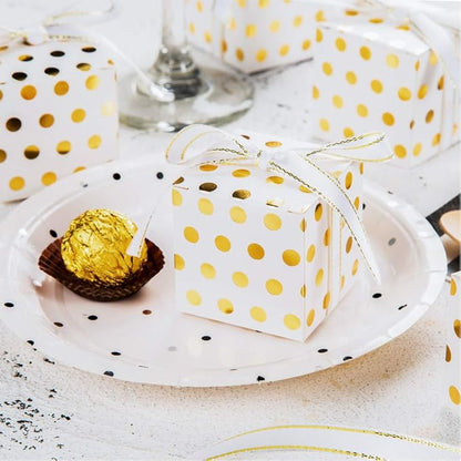 AWELL White Gift Candy Box Bulk with Gold Dots 2x2x2 inches with Ribbon Party Favor Box, Gold Dots, Pack of 50