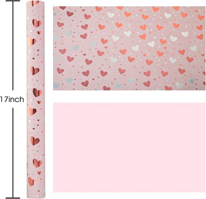 Burymento Gold Foil Heart Wrapping Paper, Reversible Pink Gift Wrap for Birthday, Valentines, Mothers day, Graduation, Wedding, Fathers day, Baby Shower, Christmas (17in x 32.8ft)