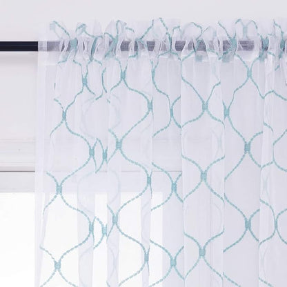 Embroidery Sheer Curtains Blue 84 Inches, Rod Pocket Voile Drapes for Living room, Bedroom, Window Treatments Wave Diamond Semi Crinkle Curtain Panels for Yard, Patio, Villa, Set of 2, 52"x 84".