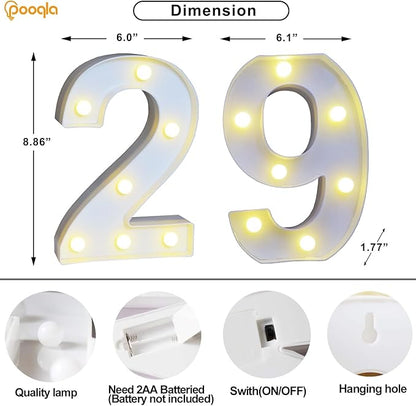 Pooqla Decorative LED Light Up Number Letters, White Plastic Marquee Number Lights Sign for Wedding Decor, Battery Operated (29)