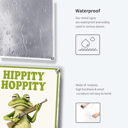Funny Frog Room Sign - "Hippity Hoppity Get Off My Property" No Trespassing Warning Sign, Vintage Metal Tin Wall Décor, 8" x 12" for Bedroom, Door, Home