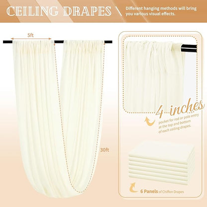 6 Panels Ivory Ceiling Drapes for Wedding 5ftx30ft Sheer Drapery Chiffon Fabric Arch Draping Curtains for Party Ceremony Birthday Baby Shower Reception Stage Ceiling Decorations