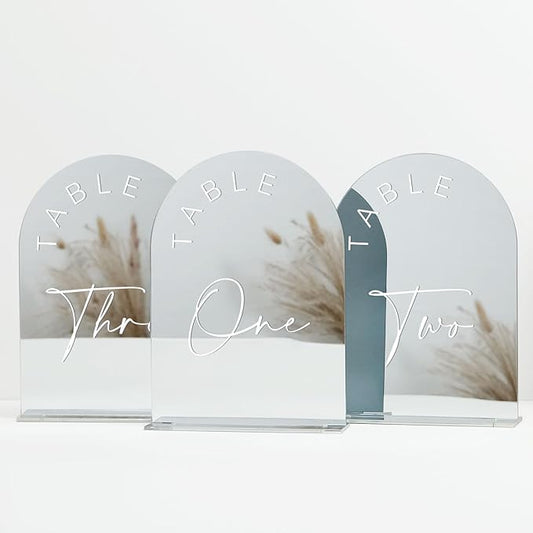 JINMURY Sliver Arch Wedding Table Numbers 1-15 with Stands, 5x7 Inch Acrylic Arch Sign with White Lettering, Sliver Mirror Acrylic Table Numbers for Wedding Reception