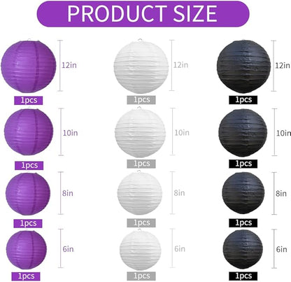 BEISHIDA 12Pcs Purple Black White Paper Lanterns Decorative Chinese/Japanese Hanging Round Paper Lanterns Lamp for Halloween，Birthday, Wedding, Christmas, Bridal,Home Decor, Party Decoration
