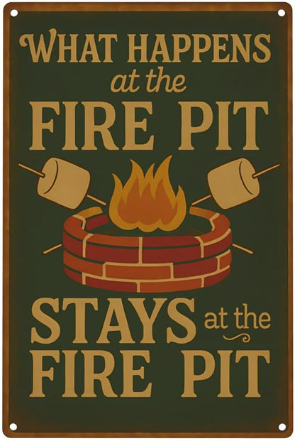 Funny Firepit Metal Sign - "What Happens at the Firepit" Outdoor Wall Decor for Patio, BBQ, Grill, or Campsite - Great Gift for Campers & Dads - 8" x 12"