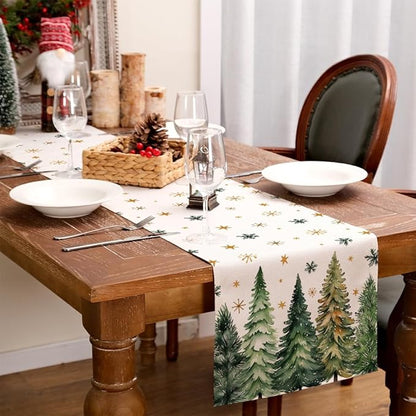 GEEORY Christmas Table Runner 13x120 Inch, Xmas Tees Snowflakes Holiday Decorative Farmhouse Table Decoration for Kitchen Dinning, Indoor Outdoor Dinner Party Decor (Light Green) GT166-120