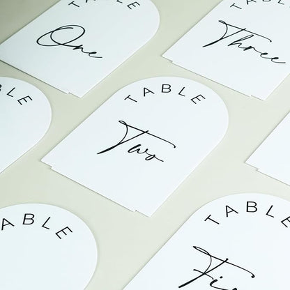 JINMURY White Arch Wedding Table Numbers 1-20 with Stands, 5x7 Inch Acrylic Arch Sign with Black Lettering, White Acrylic Table Numbers for Wedding Reception