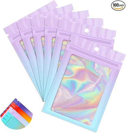 Funfery 100 Pack Gradient Holographic Bags,2.7×3.9In Mylar Resealable Bags with Zipper,Clear Window Packaging Pouch,Smell Proof Foil Bag for Food Storage,Sample Jewelry Baggies(Purple Blue)