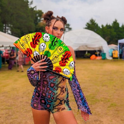Kandies World UV Reactive Custom Festival Folding Hand Fan - Unique Designs, Made of Bamboo, Clacking Sound, Lightweight - Perfect Rave and Festival Accessory!