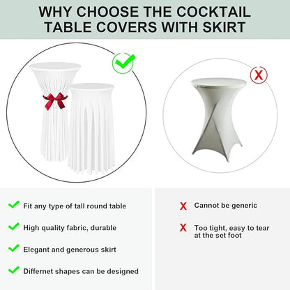 Cocktail Table Covers - 2 Pack 24"x 43" White Cocktail Table Tablecloth with Natural Wavy Round Skirt for Bar Wedding Party Banquet