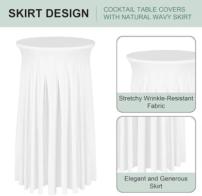 Cocktail Table Covers - 2 Pack 24"x 43" White Cocktail Table Tablecloth with Natural Wavy Round Skirt for Bar Wedding Party Banquet