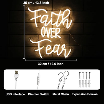 Faith Over Fear Neon Sign Jesus Neon Light Christian LED Signs for Wall Dimmable Warm White Letters Neon Lights Signs for Bedroom Man Cave Classroom Church Decor Christian Religious Sayings