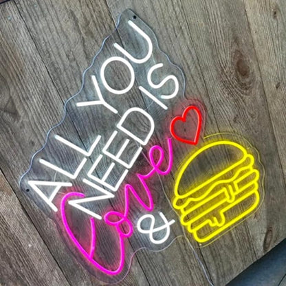 All You Need Is Love & Burger Custom Hamburger Fast Food LED Neon Sign Night Light Home Wall Decor Coffee Shop Bar Restaurant Welcome Sign Size:20x17inches