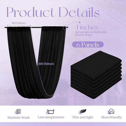 6 Panels Black Ceiling Drapes for Wedding, 5ftx30ft Ceiling Drapes Cheesecloth Sheer Fabric Curtain Wedding Arch Draping Fabric Romantic Ceilings Decorations for Weddings Party Ceremony Stage