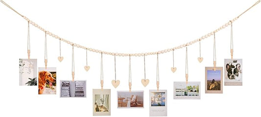 Hanging Photo Display with Clips, 9 Wood Clips, Boho Picture Frames Collage Wall Decor, Photo Hanger for Office Cubicle Decor, Kids Art Display (1)