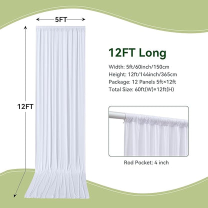 60 x 12ft Wrinkle Free White Backdrop Curtain for Wedding Parties, 12 Panels 5×12ft Long Soft Silky Polyester Photo Backdrop Drapes for Birthday Baby Shower Graduation Photography Background Cloth