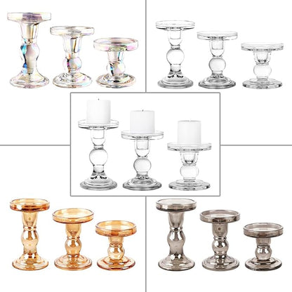 3-Piece Set of Glass Candlestick, Crystal Candlestick Holder Holder and Conical Candle, Christmas Candle Holder Decoration, Family Living Room Wedding Candle Holder (7 Colour)