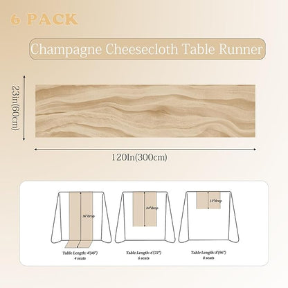 6 Pack Beige Cheesecloth Table Runner 23x120 inch Rustic Boho Gauze Table Runner 10 FT Long Sheer Cheese Cloth Fabric Table Runners for Romantic Wedding Bridal Shower Birthday Party Decor
