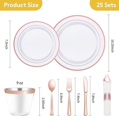 Goodluck 175 Piece Rose Gold Plastic Dinnerware Set for 25 Guests, Fancy Disposable Plates for Party, Include: 25 Dinner Plates, 25 Dessert Plates, 25 Pre Rolled Napkins with Silverware, 25 Cups