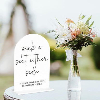 Pick a Seat Not a Side Wedding Sign, Engagement Bridal Shower Decor fo Ceremony Reception Party, Weddings Table White Acrylic Sign
