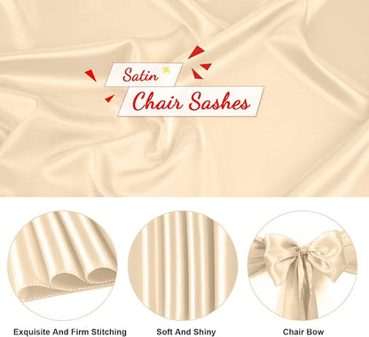 50 PCS Satin Chair Sashes Bows Universal Chair Ribbon Ties Back Sash for Wedding Party Reception Events Banquets Hotel Event Chair Cover Decoration (Champagne 7x108 inch)