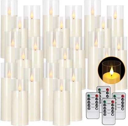 24 Packs of Acrylic LED Candles, Flickering Flameless Candles Battery Operated with Remote Dimmed and Timed, 3D Wick Candles for Home Decor,Wedding,Gift，Parties and Festivals. (3 Size)