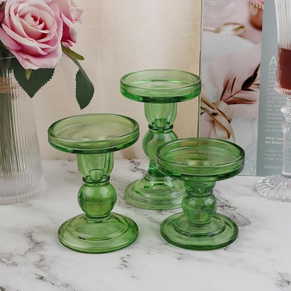 6-Piece Set of Green Glass Candlestick, Crystal Candlestick Holder Holder and Conical Candle, Christmas Candle Holder Decoration, Family Living Room Wedding Candle Holder (green2sets)