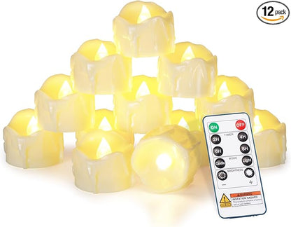 Homemory 12pcs Remote Timer LED Tea Lights Candles, 400+Hours Flickering Flameless Battery Votive Tealights for Tabletop Lighting, Centerpieces Decor, Holiday, White Base