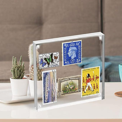 HELPLEX Acrylic Frames, 2 Pack 4x4, 20mm Thicker Frameless Clear Frame, Double Sided Magnetic, Free Standing Desktop Display