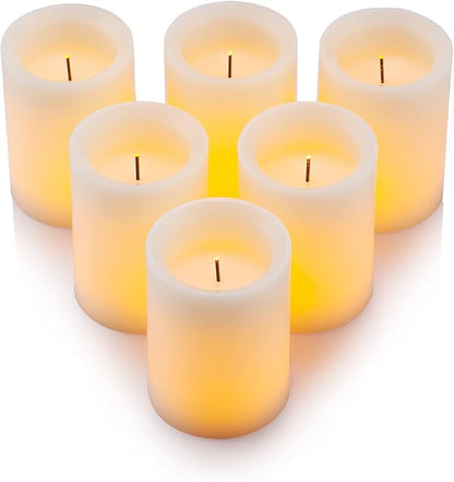 Flameless Flickering LED Candles 3" X 4" with 10-Key Remote Control Timer Classic Pillar Optical Fiber Wick Real Wax Battery Operated Candles, Ivory Color, Set of 6