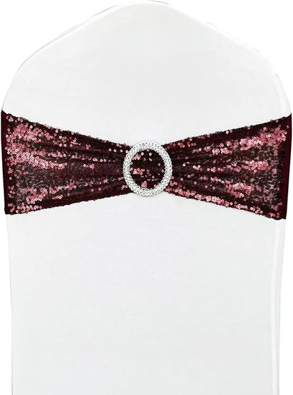 10 Pcs Sequin Chair Sashes Stretch Chair Bands Spandex Polyester Bows for Party Hotel Wedding Banquets Decoration - Burgundy