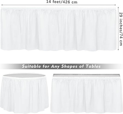 TURSTIN 6 Pieces White Plastic Table Skirts 14 Feet x 29 Inch for Rectangle Tables Fitted Tablecloth Disposable Table Cover for Birthday Party, Events, Banquette Baby Shower
