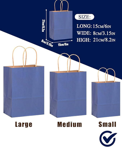 qiqee 50-Packs Gift Bag with Handles Bulk Kraft Deep Blue Paper Bags Multiple Uses (8.3"x3"x6"inch Small Size)