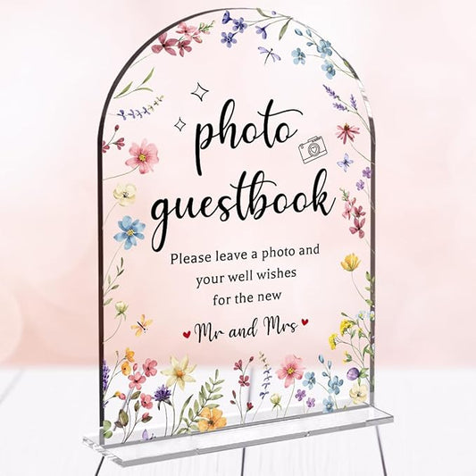 Wedding Sign Decor, Photo Guest Book Sign, Arch Acrylic Wedding Sign for Reception & Event, Bridal Shower Decorations, Wedding Table Sign Accessories for Anniversary And Event 5x7 Inch (Flower)