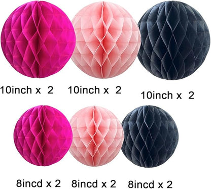 CC wonderland zone 12pcs Hot Pink and Black Paper Honeycomb Balls,6" & 10" Hanging Tissue Pom poms for Birthday Party Decoration