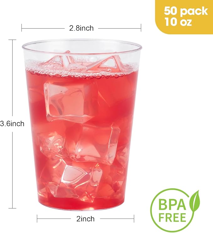 Goodluck 50PCS 10oz Clear Plastic Cups for Party, Disposable Clear Plastic Cups, Cocktail Glasses for Wedding Thanksgiving, Christmas, and Parties