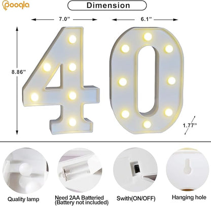 Pooqla 40th Birthday Decorations for Her Him, Light Up Number 40 for Party Table Decorations, 40th Birthday Gift for Women Men, Backdrop Wall Decor for 40th Wedding Anniversary Decoration