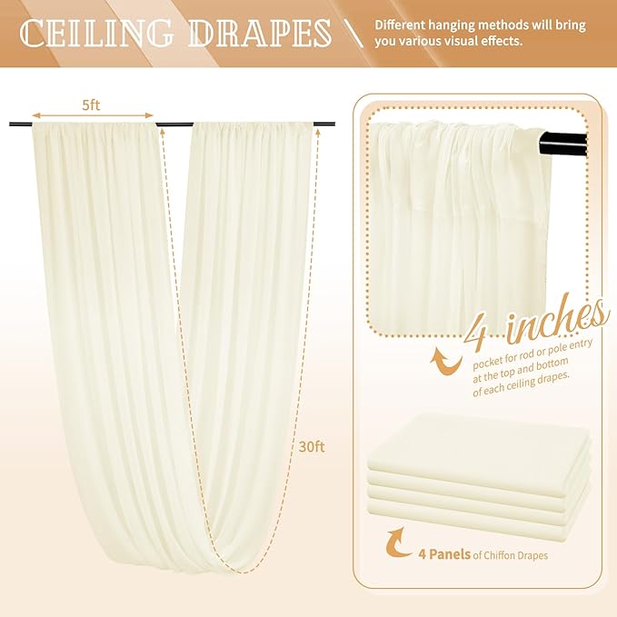 4 Panels Ivory Ceiling Drapes for Wedding 5ftx30ft Sheer Drapery Chiffon Fabric Arch Draping Curtains for Party Ceremony Birthday Baby Shower Reception Stage Ceiling Decorations