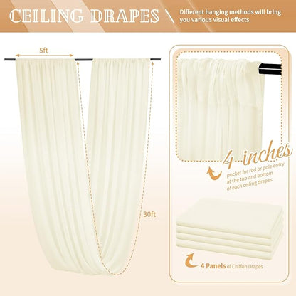 4 Panels Ivory Ceiling Drapes for Wedding 5ftx30ft Sheer Drapery Chiffon Fabric Arch Draping Curtains for Party Ceremony Birthday Baby Shower Reception Stage Ceiling Decorations