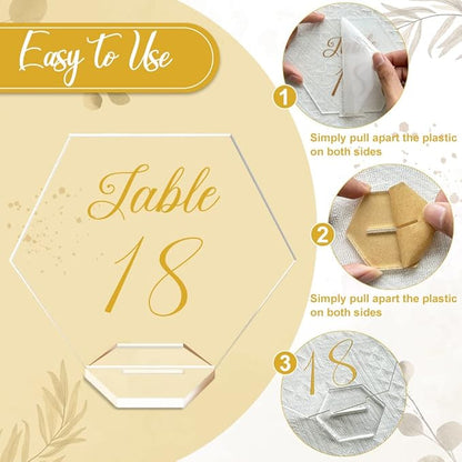 OurWarm Large Acrylic Wedding Table Numbers 1-20, Gold Printed Calligraphy Place Cards with Stand, Hexagon Multi-functional Clear Acrylic Sign and Holder, Ideal for Wedding Reception Events