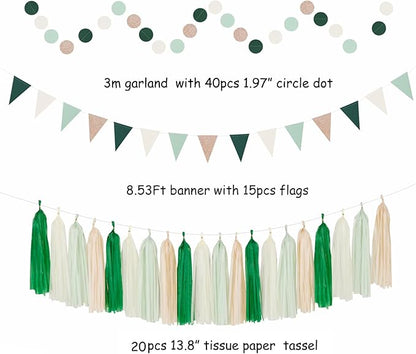 Olive-Sage Green Beige Champagne-Gold Party-Decorations - 33pcs Rustic Banner,Streamers Tassel Garland,Tissue Pom Poms,Paper Lantern Fans,Boho Neutral Baby Shower Birthday Bridal Decor Hugtmr